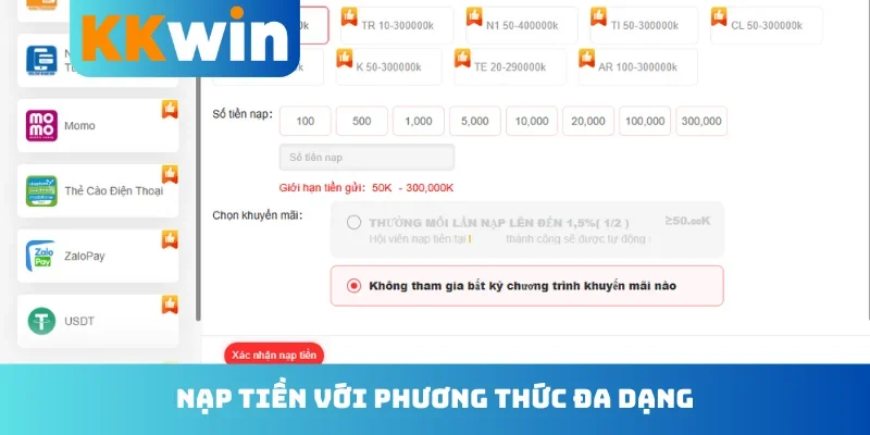 Nạp tiền với phương thức đa dạng